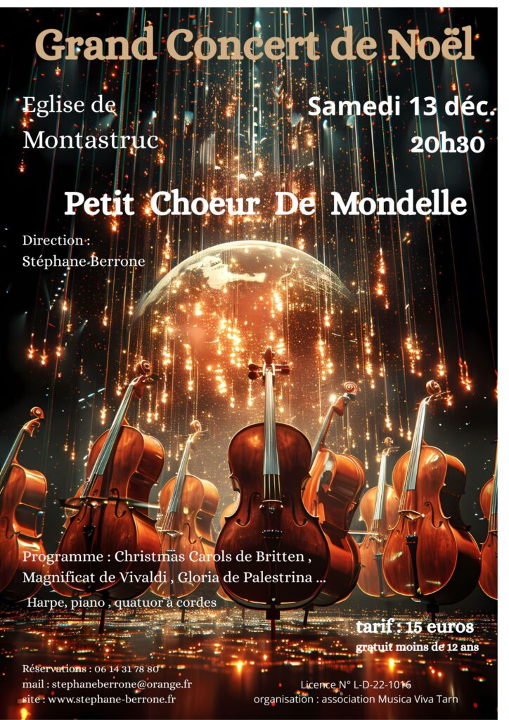 Affiche couleur foncée avec des rayons de lumière guirlande, plusieurs violons en cercle. Ecriture reprenant l'ensemble des informations sur le Grand Concert de Noël du Petit Chœur de Mondelle